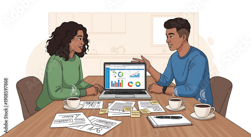 Two colleagues discussing data on a laptop at a wooden table with coffee cups and papers