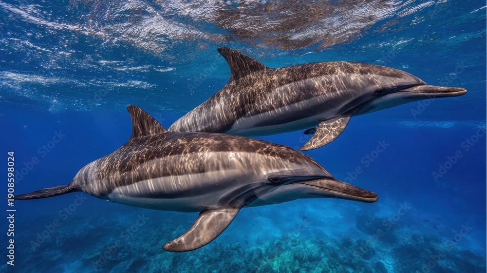 Fototapeta premium Dolphins Swim and Interact in Their Natural Habitat, Showcasing Behavior and Social Dynamics During an Underwater Moment