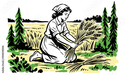Vintage illustration of a peasant woman or farmer kneeling and gathering wheat sheaves in a field. Agriculture harvest retro artwork.
