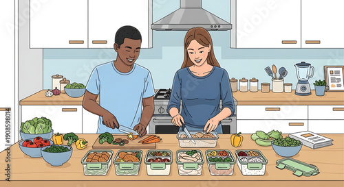 Man and woman preparing healthy food in kitchen with various containers and ingredients on countertop for meal prep