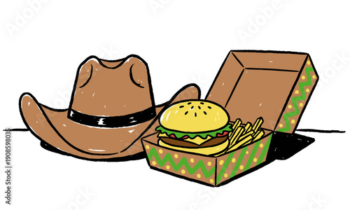 Western fast food illustration: Cowboy hat, burger, and fries in a patterned takeout box. Hand-drawn doodle style vector.