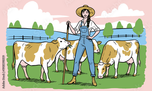 Smiling Female Farmer with Cows in Field. Agriculture and Dairy Farm Concept. Vector Illustration in Retro Cartoon Style.