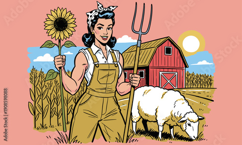 Strong retro farmer woman illustration. Pin up style working girl with pitchfork, sunflower, sheep, and barn. Vintage comic book pop art.