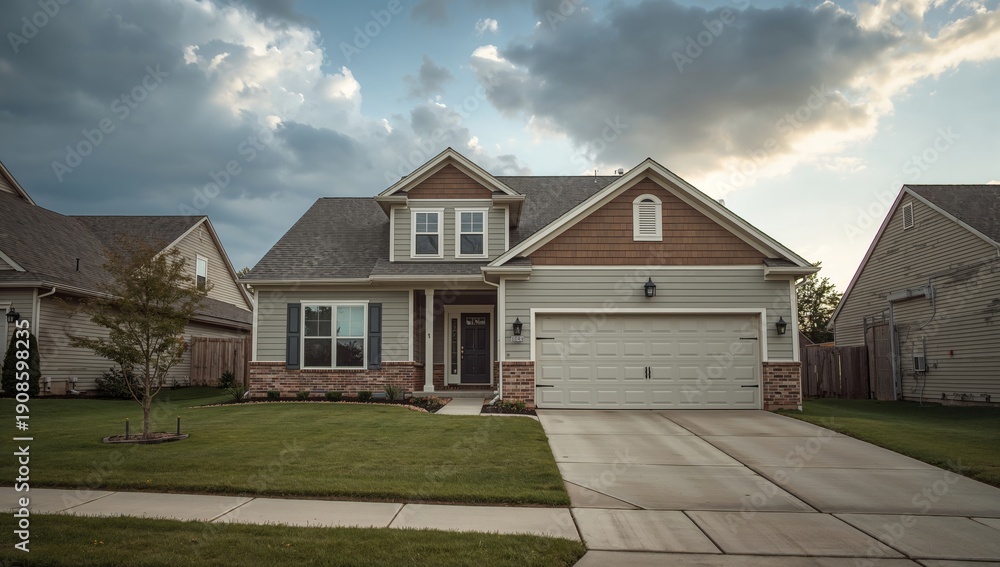 Fototapeta premium House in a Suburban Neighborhood With a Driveway and Green Lawn During Evening Hours