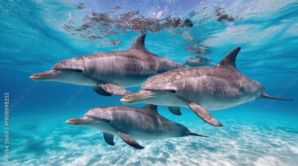 Fototapeta premium Dolphins Swim at Different Depths in Clear Blue Water Offering a Layered View of Their Movements and Behavior
