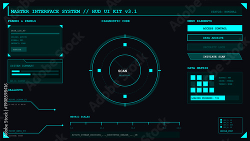 Futuristic heads up display user interface with digital data panels and diagnostic scanning elements on dark background