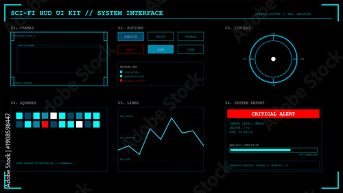 Futuristic sci-fi HUD user interface kit with digital dashboard elements including graphs charts buttons and alert panels on black