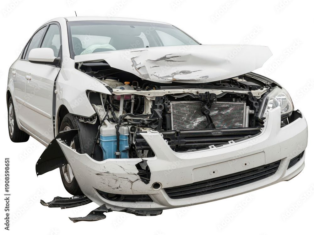 Obraz premium Damaged White Car with Front End Collision Damage, Broken Hood and Bumper, Isolated