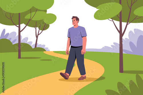 A man walking on a winding path in a serene park with trees and green grass