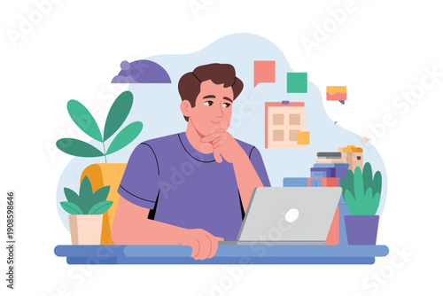 A young man sitting at a desk with a laptop and plants, looking thoughtful in a modern workspace