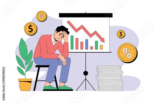 A stressed businessman sitting in front of a declining graph on a projector screen with financial documents and coins around him.