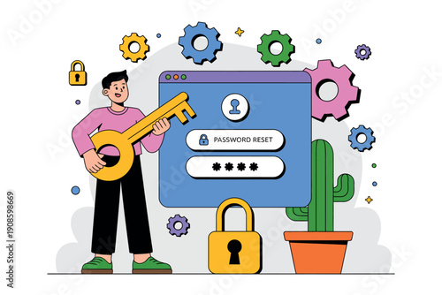 A cartoon man holding a large key stands next to a computer screen with a password reset page and various security symbols.