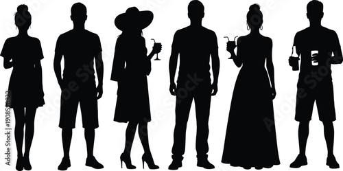 Photos Group of diverse people silhouettes standing in a row holding drinks and cocktai