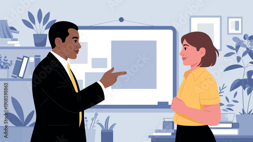 A man in a suit presents to a woman in a yellow shirt in a modern office setting with a whiteboard and plants