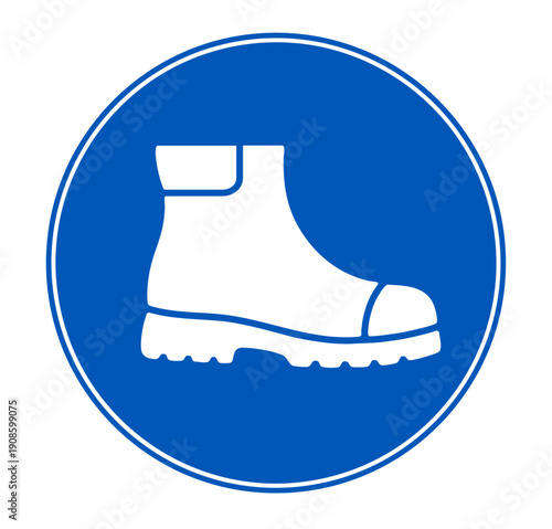 Mandatory safety shoes sign with protective work boot symbol. PPE footwear icon for construction site signage, factory safety boards, and compliance posters