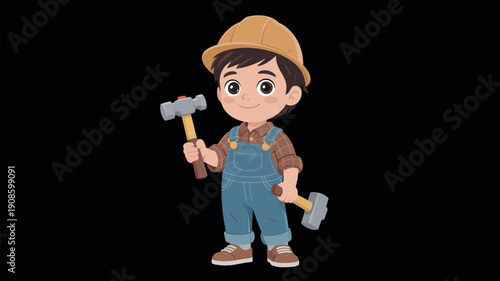 A cartoon boy wearing a hard hat and overalls holding two hammers on a black background
