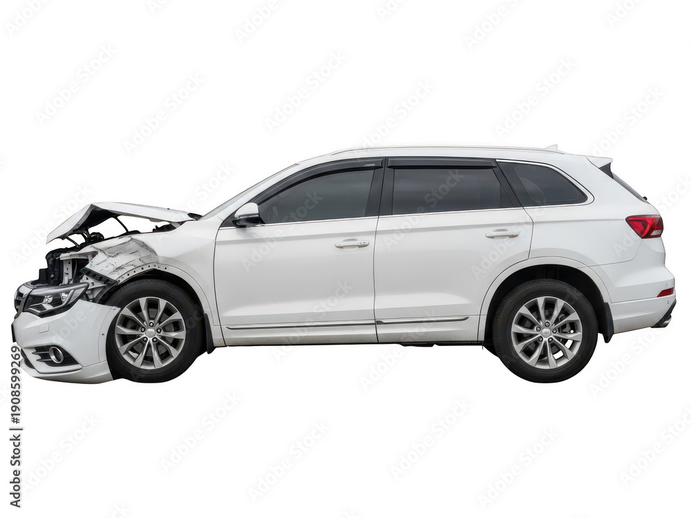 Fototapeta premium Damaged White SUV Car Accident After Collision, Broken Hood and Front Bumper Isolated