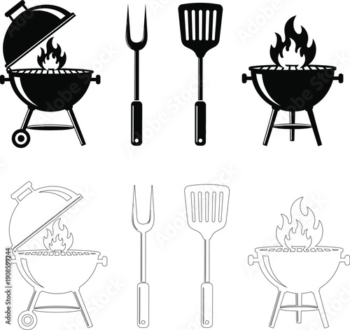 Flat BBQ Grill Icon Set, Bar-B-Q, Spatula, Fork, and Outdoor Picnic Symbols