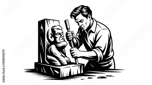 A skilled artist carves a detailed sculpture of an older man from a block of wood using a chisel.