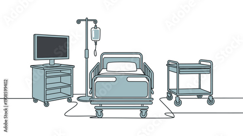 A hospital room with a bed, IV pole, and medical equipment on a white background