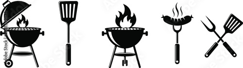 BBQ Grill Icon Set, Barbecue Tools, Spatula and Grill Fork, Picnic and Fire Symbols
