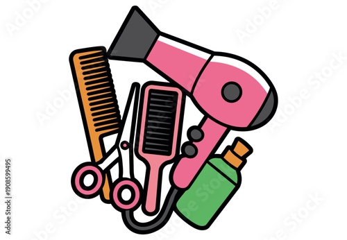 A colorful illustration of various hair styling tools and accessories.