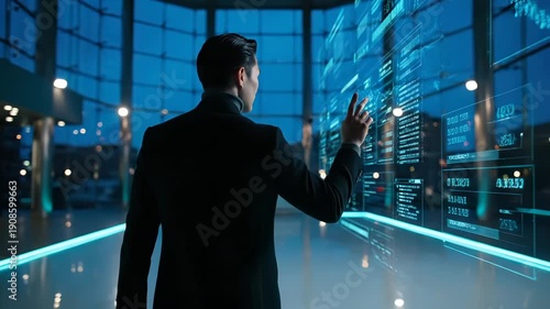 Businessman touches holographic data chart in futuristic office. Man analyzes digital interface with data. Executive uses virtual display. Businessman interacts with holographic technology system.