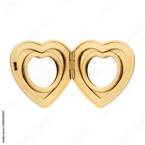 Open gold heart locket with two internal photo frames isolated on transparent background, empty vintage jewelry pendant for romantic memories and personalized sentimental gifts