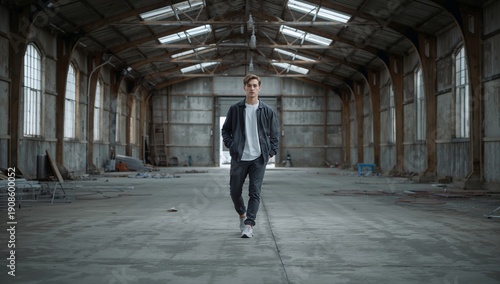 Model Walks in Empty Industrial Space During Daytime Near City Center