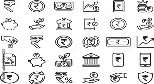Indian Rupee Currency Icon Set. Minimal INR Money Symbols in Outline Line Style. Editable Stroke Vector