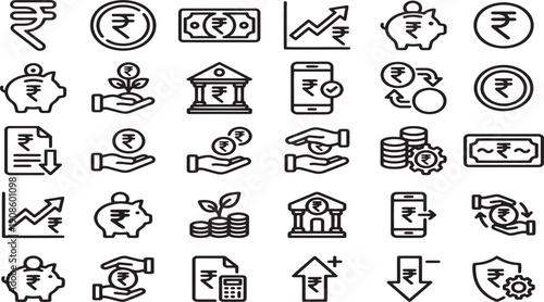 Indian Rupee Icon Set in Line Style. Collection of INR Currency Symbols and Money Linear Icons. Editable Stroke Vector