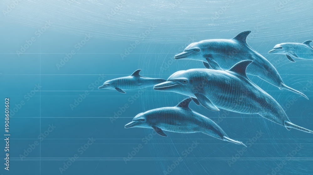 Obraz premium Dolphins Swim Underwater Moving From Left to Right in a Clean Blue Ocean Space Highlighting Forward Movement and Progress