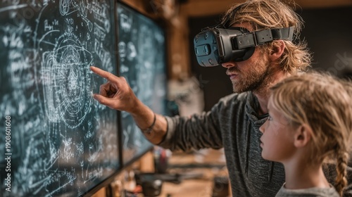 A man wearing virtual reality goggles and pointing at a chalkboard with complex equations and diagrams while a young boy looks on in a classroom setting with wooden desks