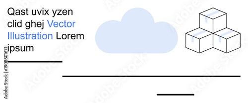 Cloud services, logistics, data storage, digital processes, networking, technology. A cloud icon next to box shapes. Cloud services and logistics conveyed in a minimal layout