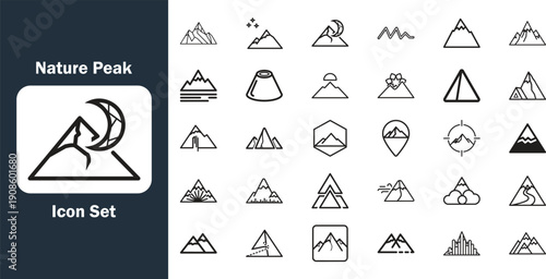 A comprehensive set of minimalist line icons titled Nature Peak featuring various mountain ranges, volcanic peaks, camping symbols, and outdoor adventure elements.