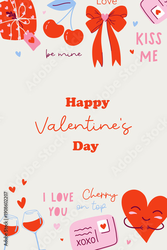 Valentine's Day card or social media story template. Cute romantic vertical banner with hearts and holiday symbols. Hand drawn flat design vector illustration. 