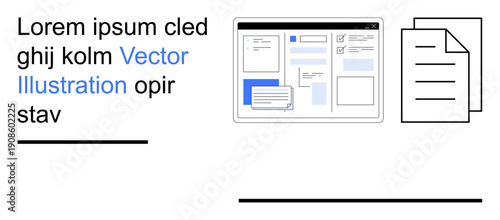 Digital tools, remote work, document editing, software interface, project organization, productivity. Display of a digital interface with text blocks and file icons. Remote work and document editing