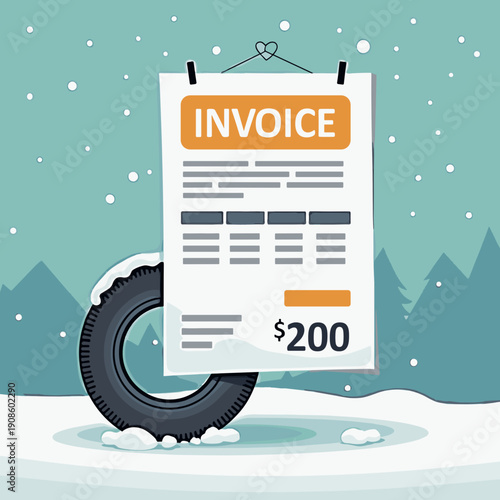 displaying service invoice and winter tire in snowy landscape, copy space