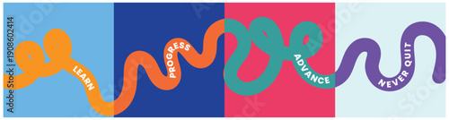Vibrant abstract graphic showing the continuous, colorful path of self-improvement, emphasizing the process of learning, advancing, and never quitting.
