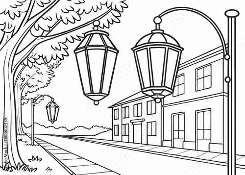 Detailed black and white outline illustration featuring classic hanging street lamps illuminating a quaint town sidewalk next to buildings and a large tree.