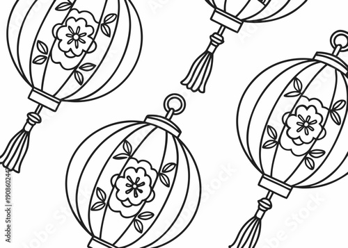 Coloring page featuring a delightful pattern of traditional Asian lanterns adorned with simple floral motifs ready for festive decoration.