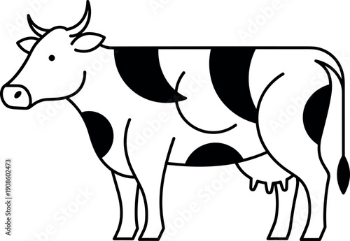 Black and white dairy cow line art illustration, farm animal vector icon, livestock cattle outline design isolated on white background