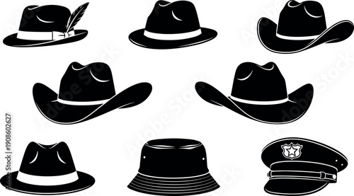 Collection of black hat silhouettes, including fedora, cowboy, police and bucket hat icons, isolated on white background, vector illustration set