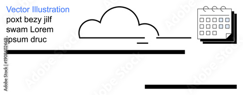 Time management, cloud storage, task organization, daily scheduling, productivity tools, online planning. Simplified cloud with calendar and space for text. Time management and cloud storage concept
