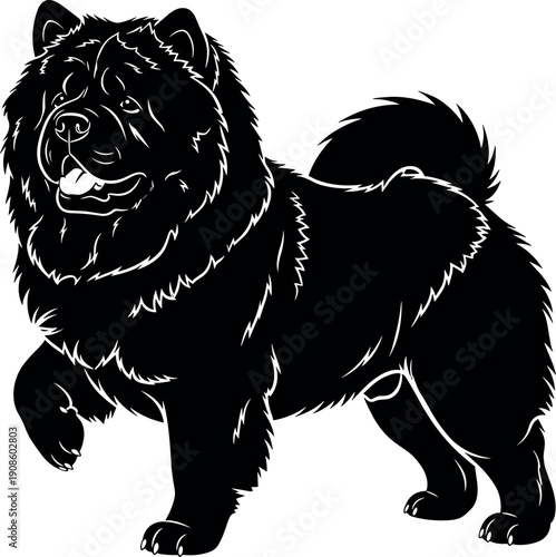 Fluffy chow chow dog silhouette vector illustration, detailed black and white canine artwork, pet mascot design, isolated animal graphic for branding