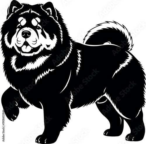 Fluffy dog silhouette vector illustration, chow chow style pet design, black and white canine artwork, detailed animal graphic isolated modern mascot
