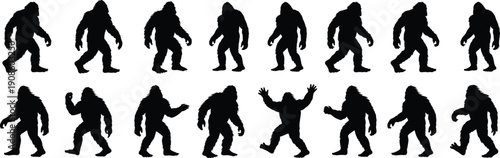 Bigfoot silhouette collection featuring walking sasquatch creature poses, mythical monster vector illustration set isolated on white background for fantasy design