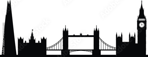 London skyline silhouette featuring Tower Bridge, Big Ben and modern skyscrapers, iconic city landmark vector illustration isolated on white background for travel design