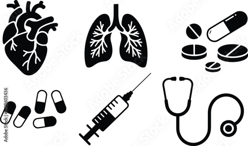 Medical healthcare icon set featuring heart, lungs, pills, syringe and stethoscope, hospital vector illustration isolated on white background for medicine design