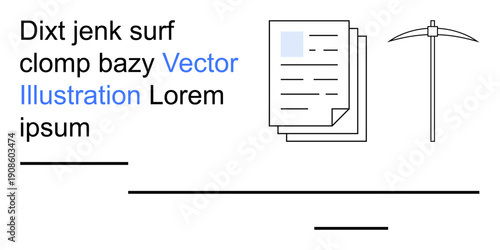 Digital tools, data extraction, document processing, mining, file management, data analytics. A stack of papers and a pickaxe icon. Data extraction and document management concept